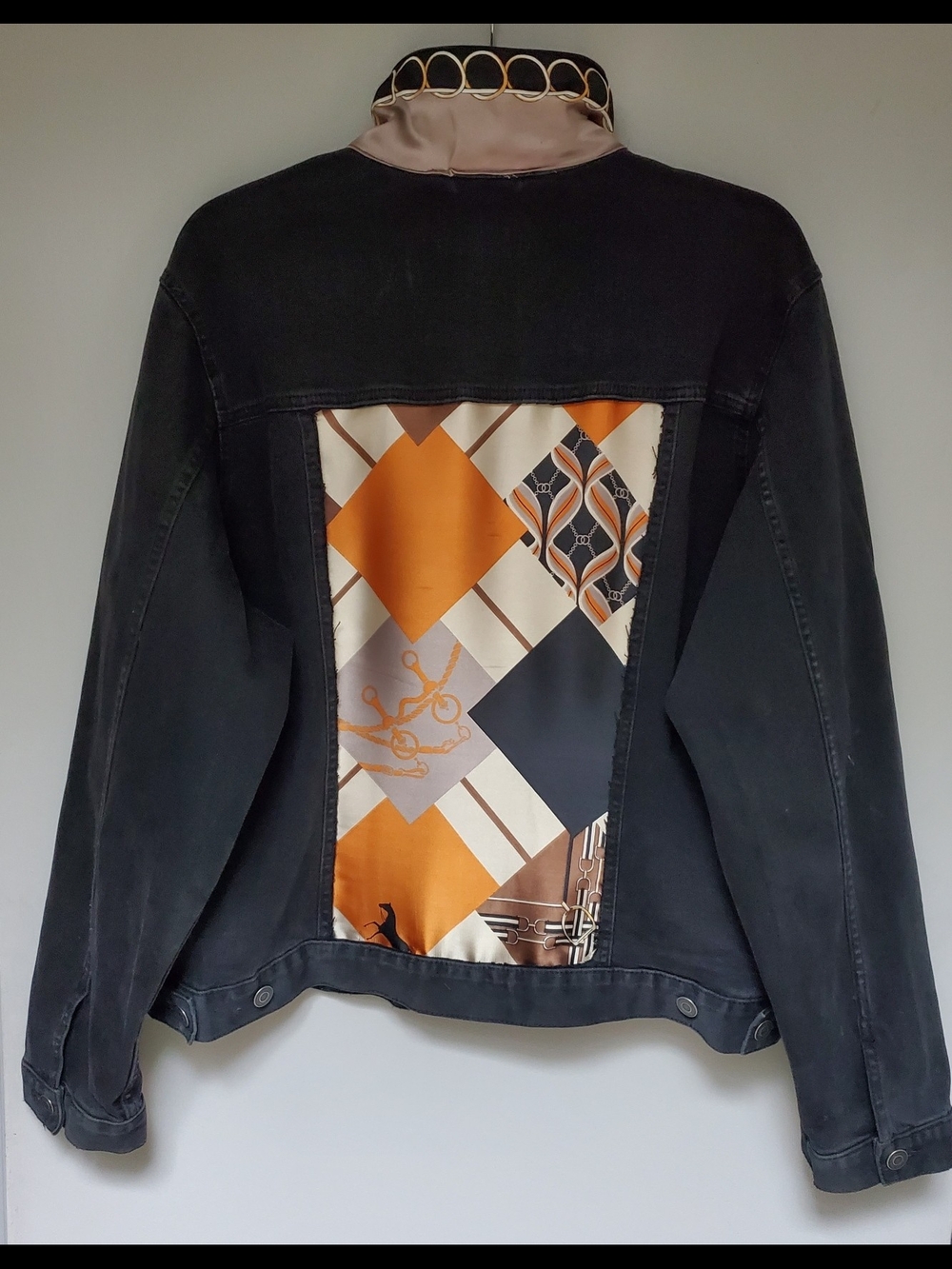Upcycled Black Denim Jacket with Orange & Cream Silk Back Panel